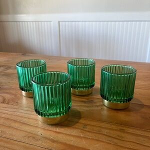 Green Ribbed Glass Tea light/Votive Holders with Painted Gold Base Set of 4